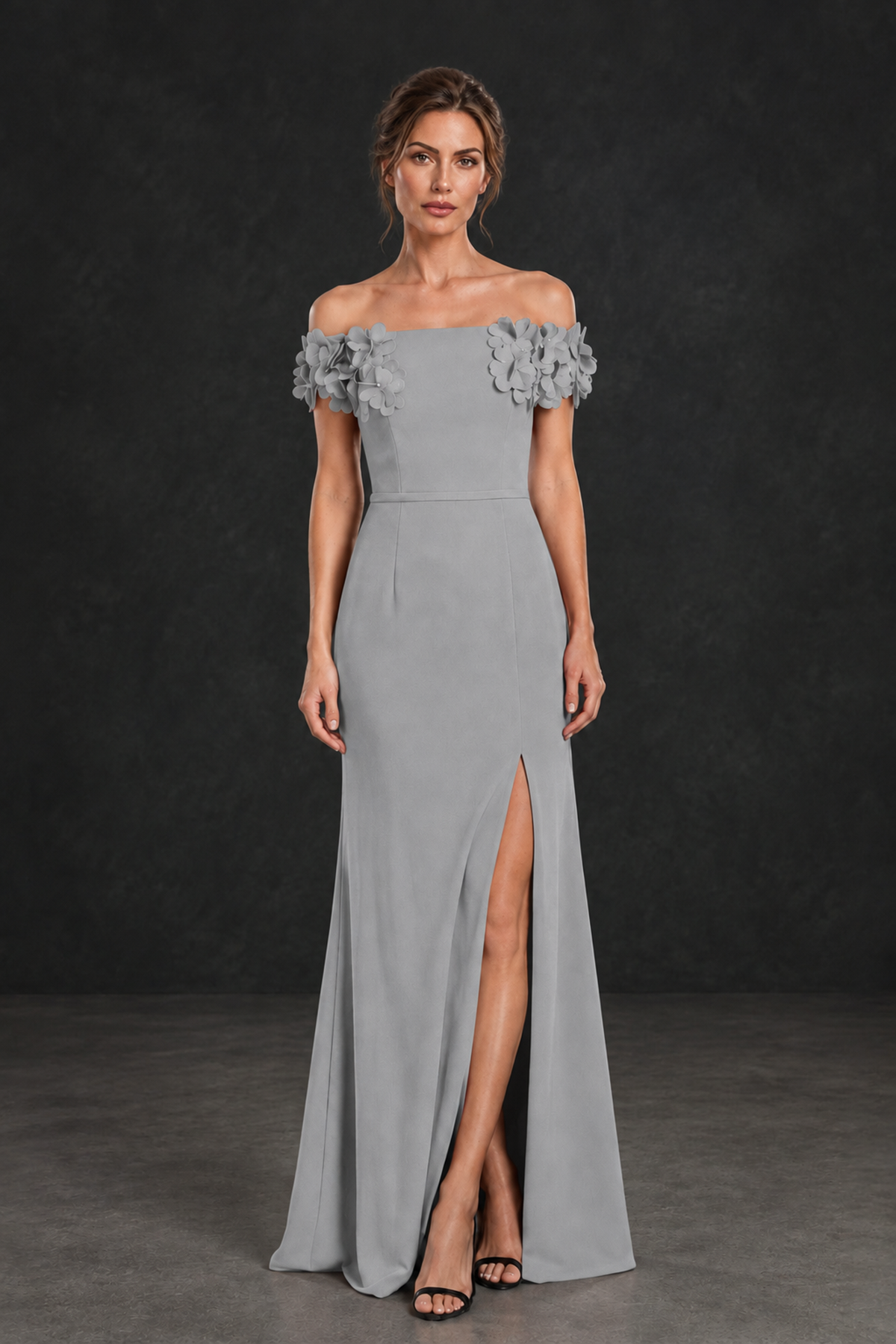 BOLODOO Silver Off-the-Shoulder Mother of the Bride Dress with Floral Appliques - Silver - Silver_01