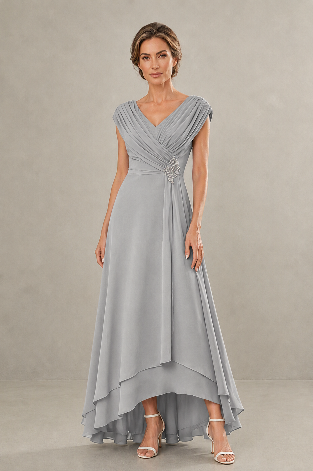BOLODOO Silver V-Neck High-Low Mother of the Bride Dress - Silver - Silver_01