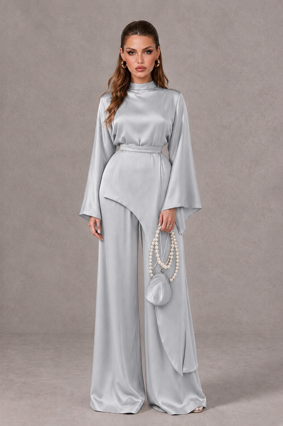 BOLODOO Silver Satin-Look Long Sleeve Wide-Leg Jumpsuit - Silver - Silver_01