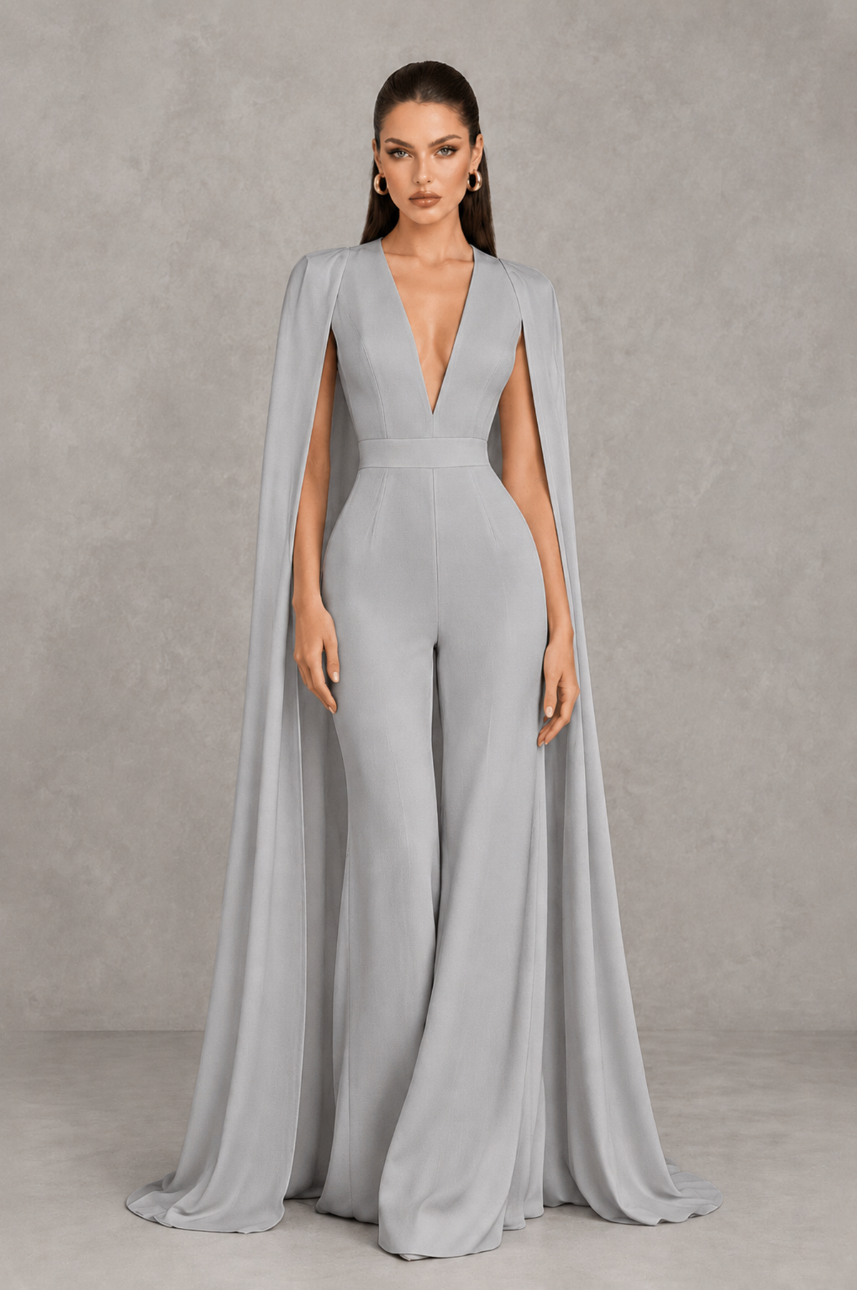 BOLODOO Silver Deep V-Neck Cape Sleeve Bridal Jumpsuit - Silver - Silver_01