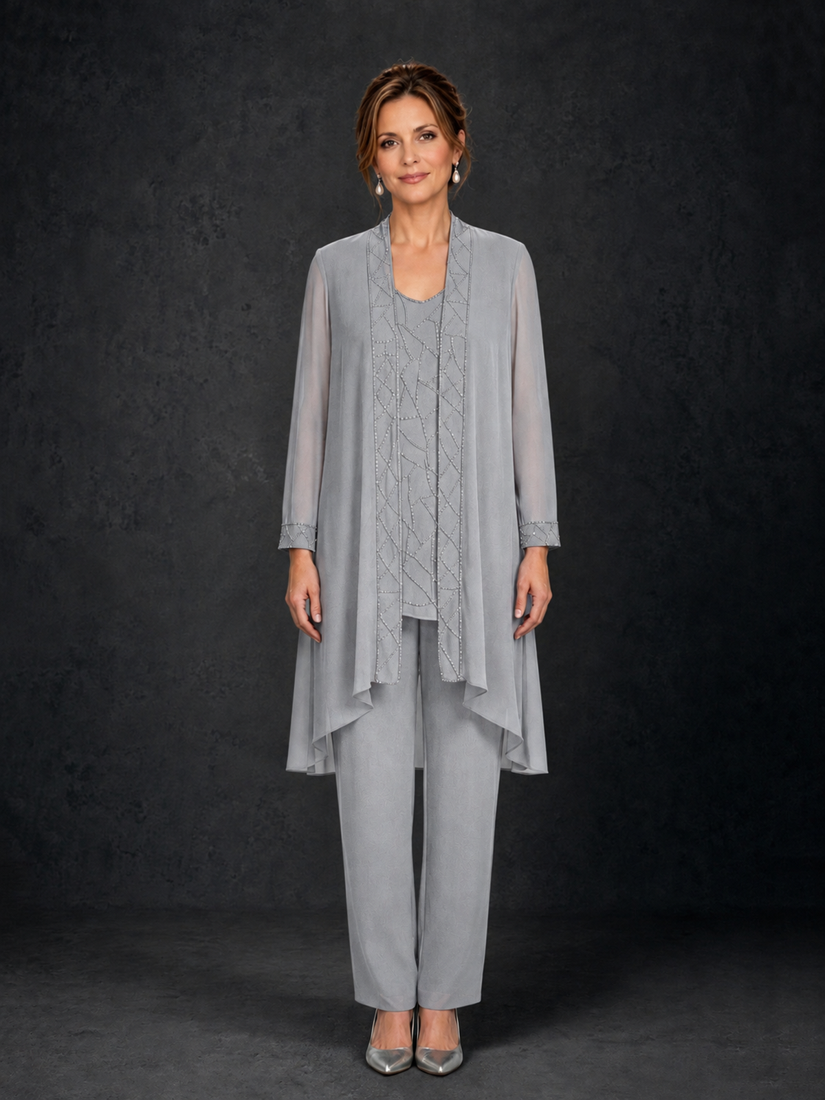 BOLODOO Silver 3-Piece Beaded Chiffon Duster Jacket Pant Suit - Silver - Silver_01