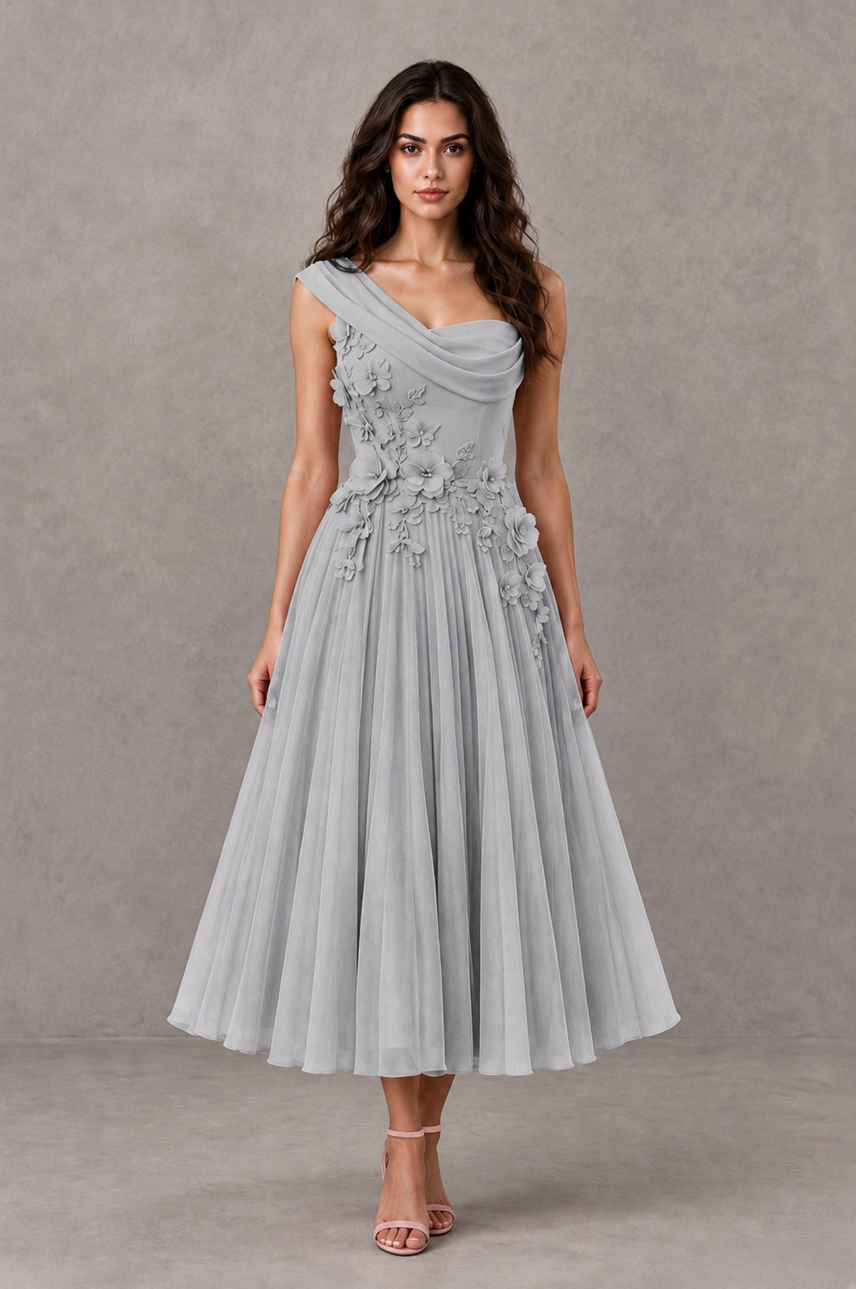 BOLODOO Silver One-Shoulder Floral Tulle Tea-Length Dress - Silver - Silver_01