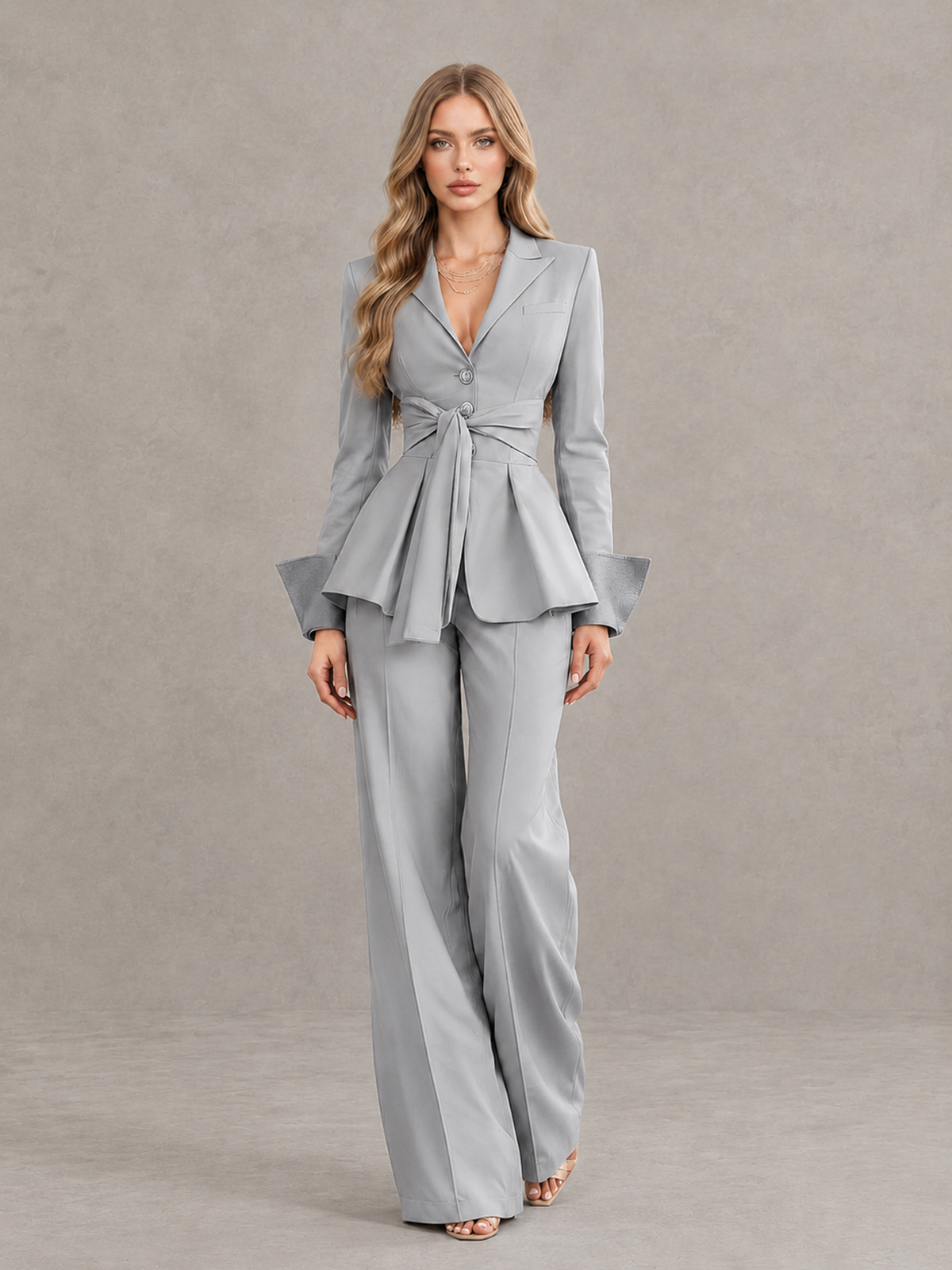BOLODOO Silver Belted Peplum Pantsuit with Long Sleeves & Wide-Leg Trousers - Silver - Silver_01