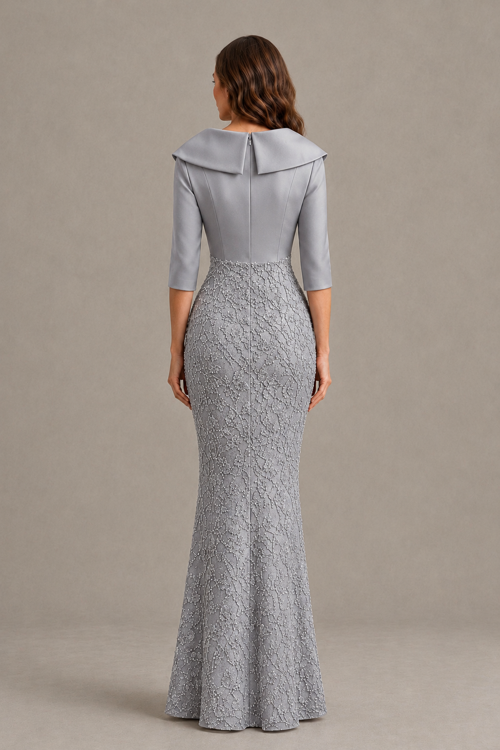 BOLODOO Silver Three-Quarter Sleeve Mermaid Evening Dress with Floral Detail - Silver - Silver_02