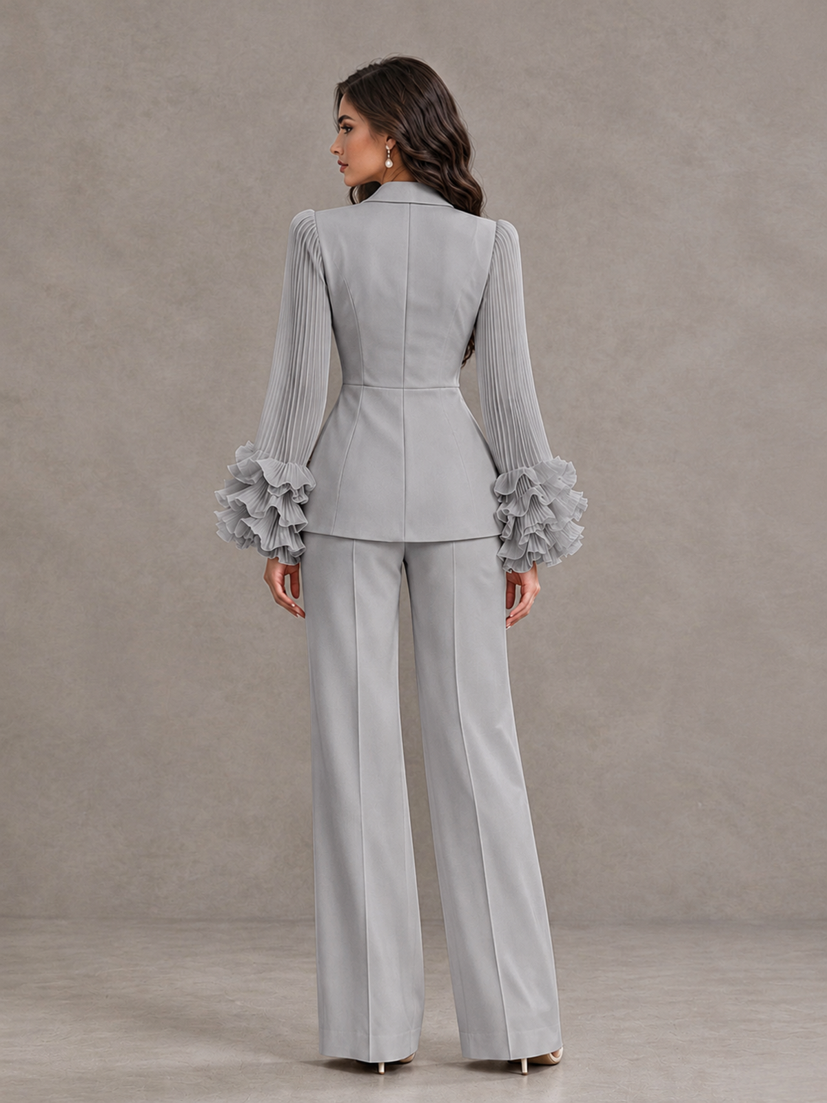 BOLODOO Silver Mother of the Bride Pant Suit – Pleated Long Sleeve Ruffle Cuff Wide Leg Trouser Suit - Silver - Silver_02
