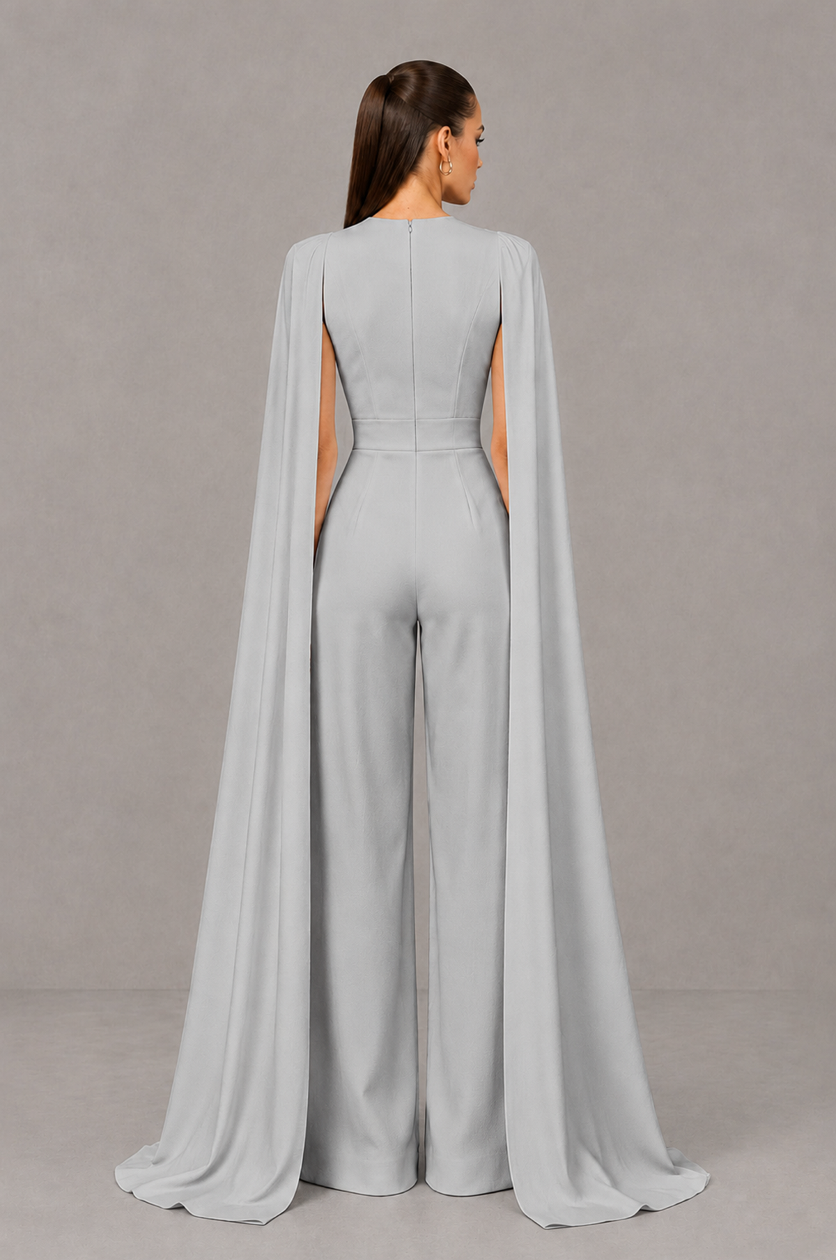 BOLODOO Silver Deep V-Neck Cape Sleeve Bridal Jumpsuit - Silver - Silver_02
