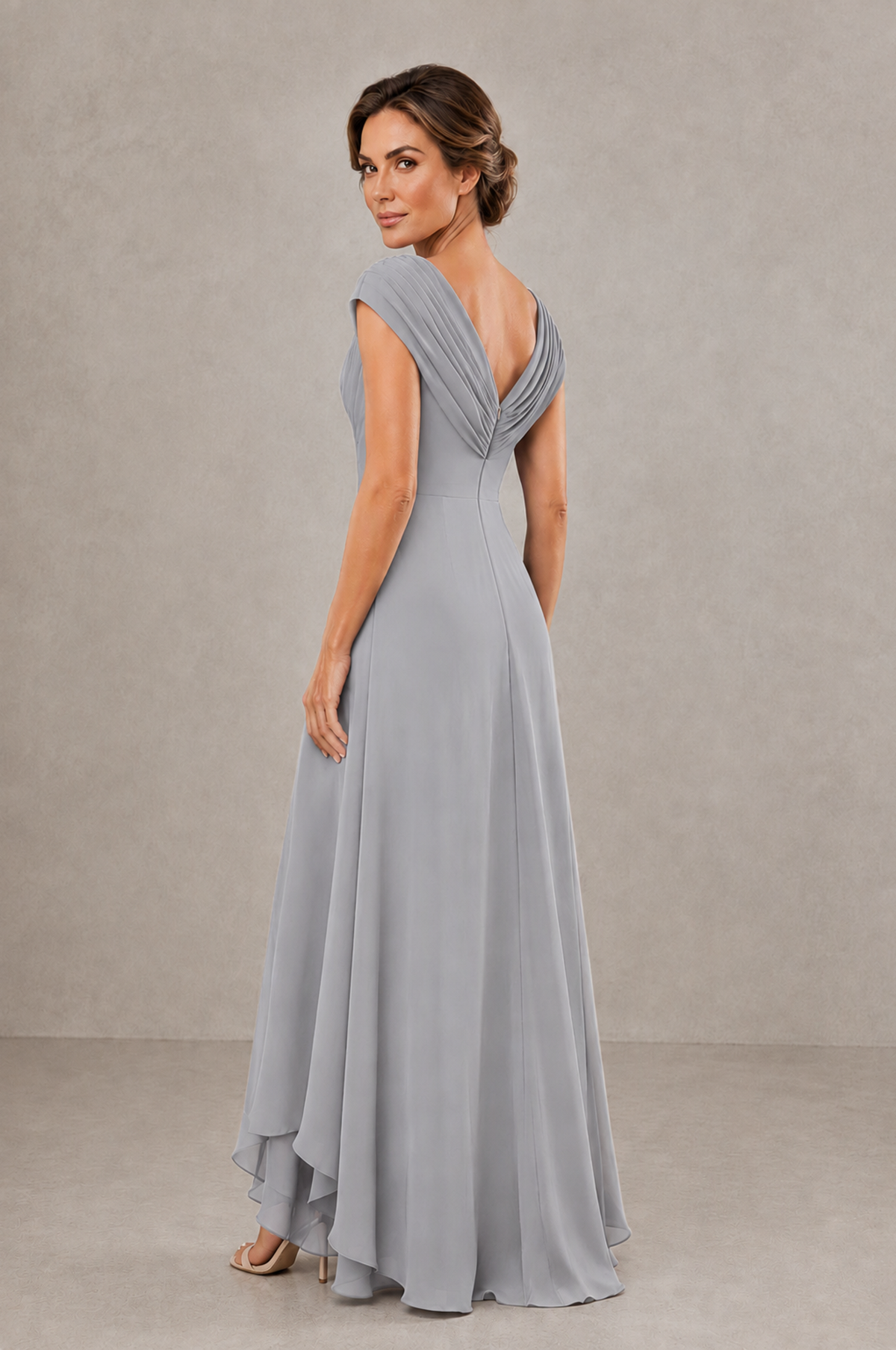 BOLODOO Silver V-Neck High-Low Mother of the Bride Dress - Silver - Silver_02