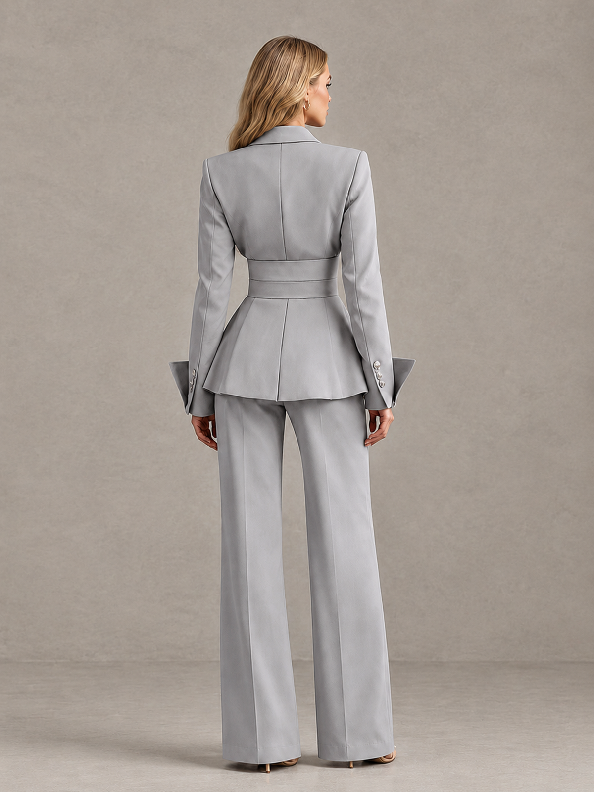 BOLODOO Silver Belted Peplum Pantsuit with Long Sleeves & Wide-Leg Trousers - Silver - Silver_02