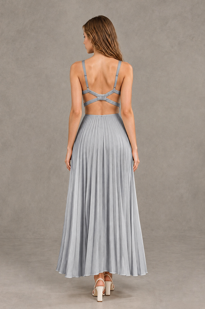 BOLODOO Silver V-Neck Pleated Open-Back Maxi Dress - Silver - Silver_02