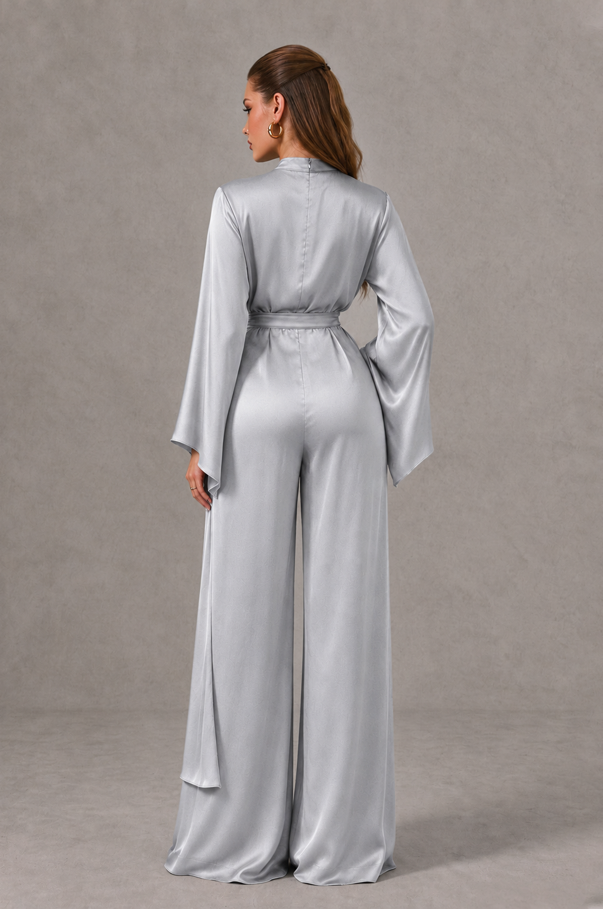 BOLODOO Silver Satin-Look Long Sleeve Wide-Leg Jumpsuit - Silver - Silver_02