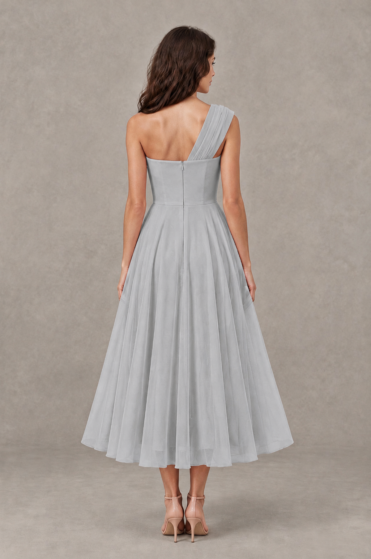 BOLODOO Silver One-Shoulder Floral Tulle Tea-Length Dress - Silver - Silver_02