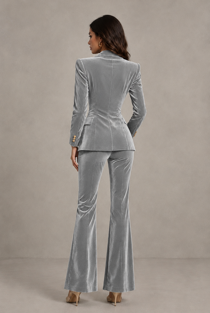 BOLODOO Silver Velvet Double-Breasted Blazer & Pants Two-Piece Suit - Silver - Silver_02