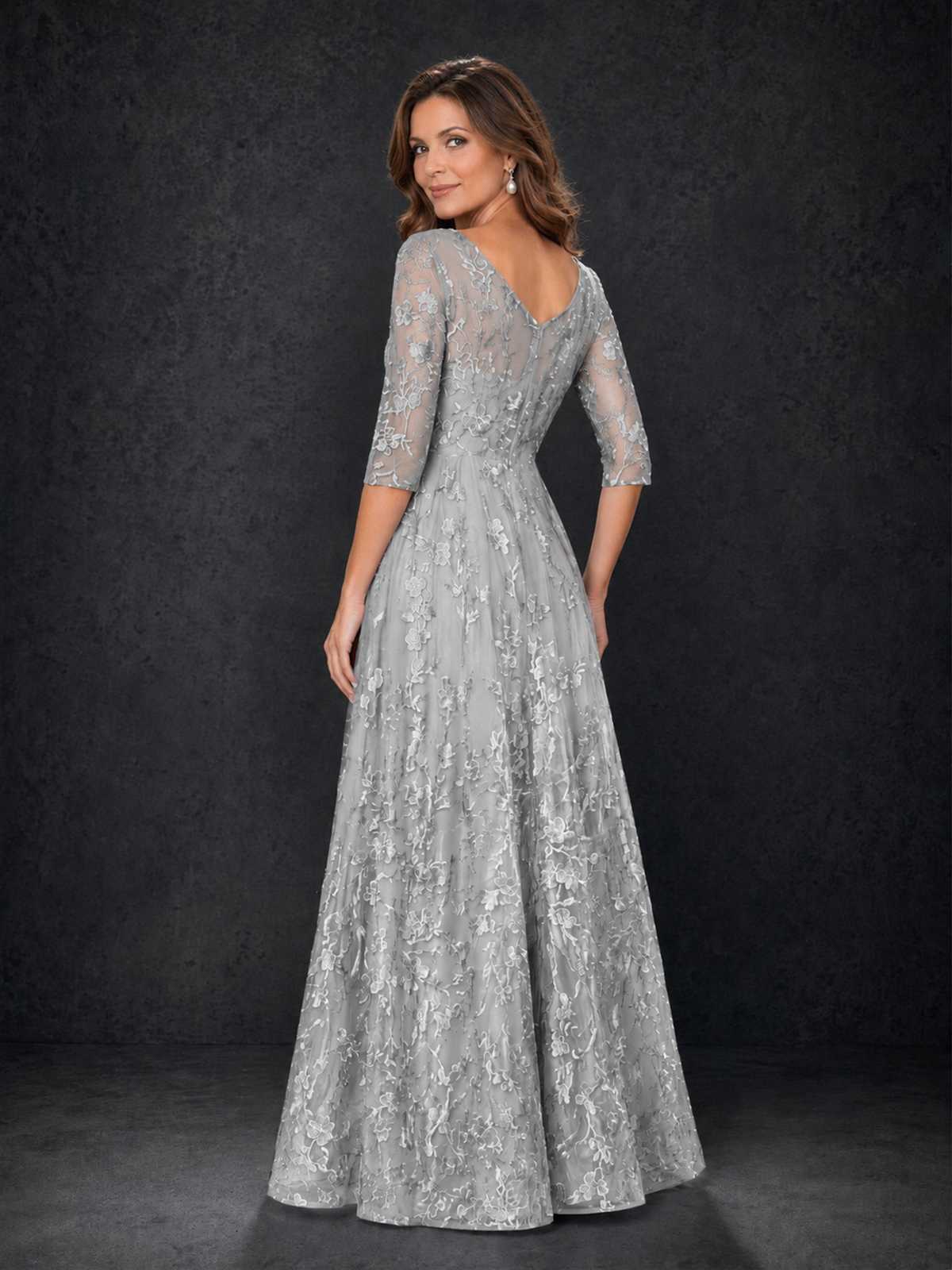 BOLODOO Silver Illusion Bateau Neck 3/4 Sleeve Floral Lace A-Line Mother of the Bride Dress MX007 - Silver - Silver_02
