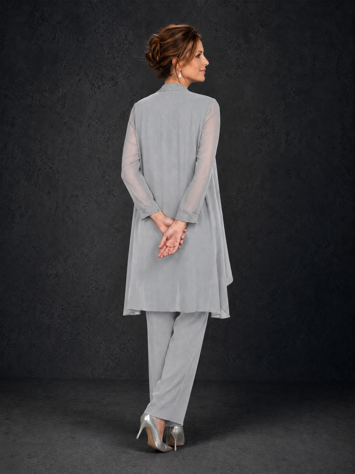 BOLODOO Silver 3-Piece Beaded Chiffon Duster Jacket Pant Suit - Silver - Silver_02