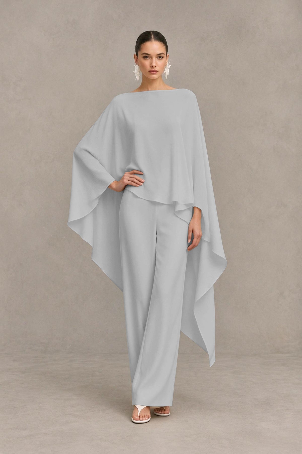 BOLODOO Silver Cape Sleeve Wide-Leg Formal Pantsuit - Silver - Silver_03