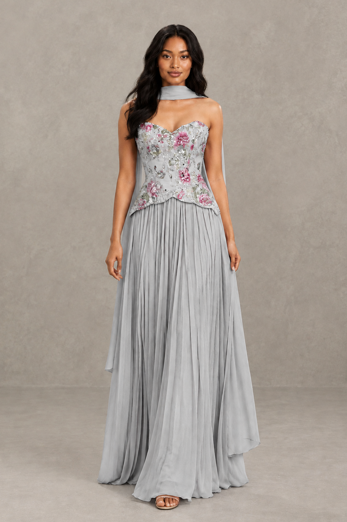 BOLODOO Silver Strapless Beaded Floral Corset Chiffon Maxi Gown – Open Back Prom & Formal Evening Dress - Silver - Silver_03