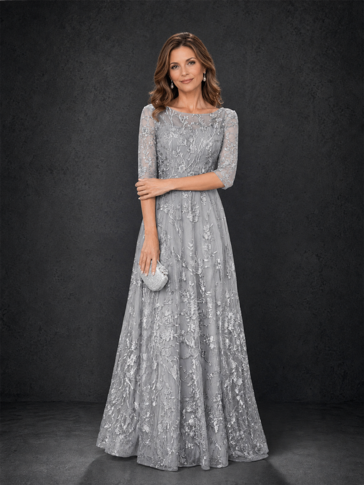 BOLODOO Silver Illusion Bateau Neck 3/4 Sleeve Floral Lace A-Line Mother of the Bride Dress MX007 - Silver - Silver_03