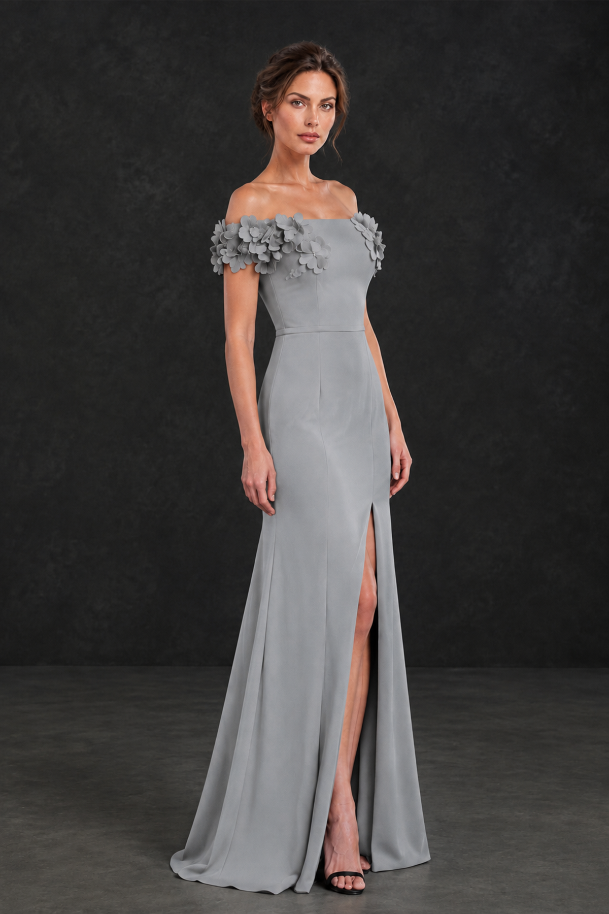 BOLODOO Silver Off-the-Shoulder Mother of the Bride Dress with Floral Appliques - Silver - Silver_03