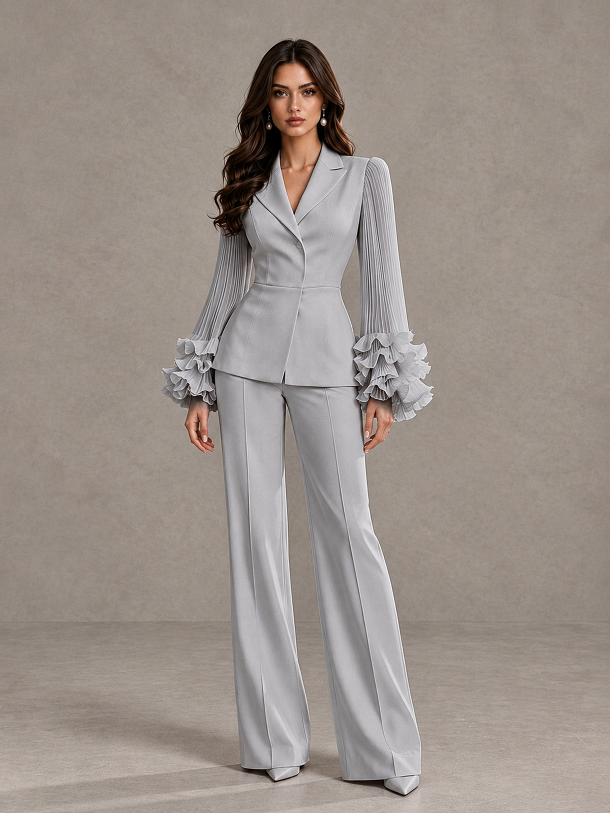 BOLODOO Silver Mother of the Bride Pant Suit – Pleated Long Sleeve Ruffle Cuff Wide Leg Trouser Suit - Silver - Silver_03