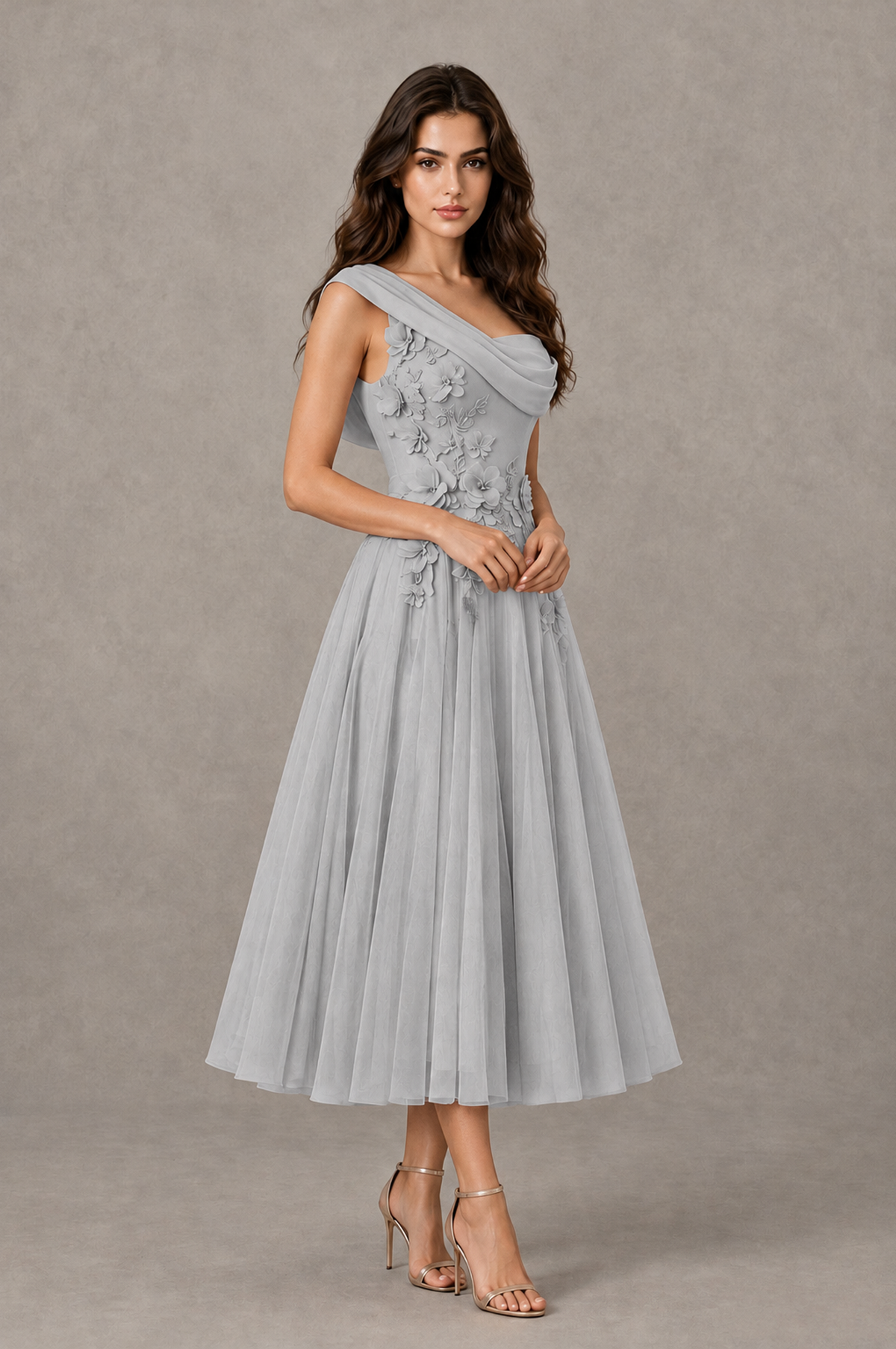 BOLODOO Silver One-Shoulder Floral Tulle Tea-Length Dress - Silver - Silver_03
