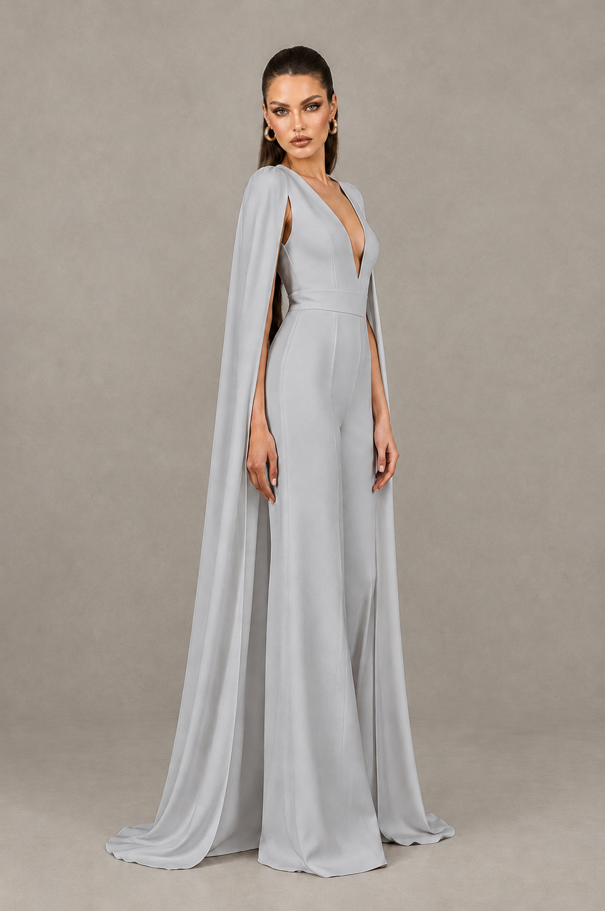 BOLODOO Silver Deep V-Neck Cape Sleeve Bridal Jumpsuit - Silver - Silver_03