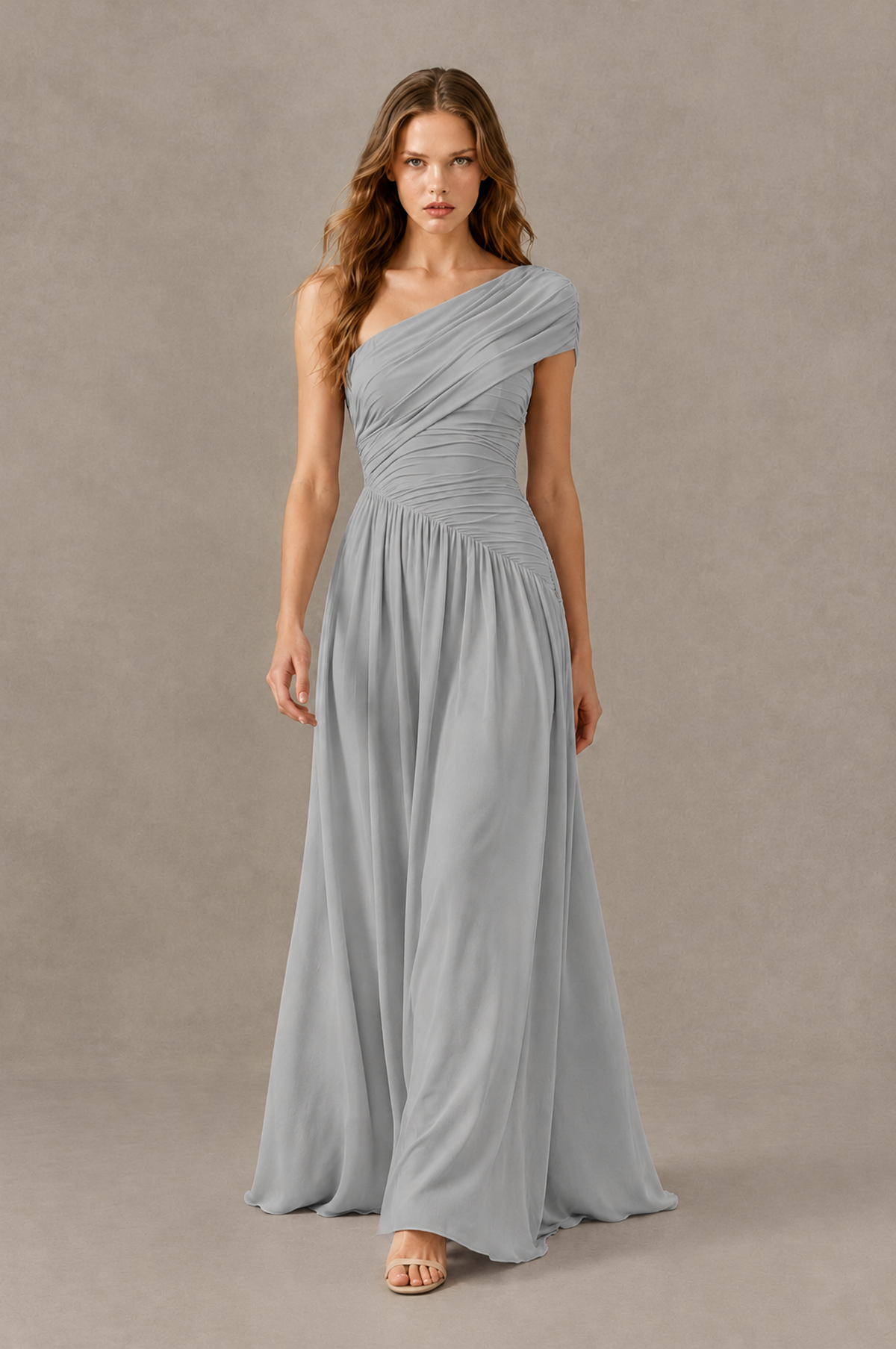 BOLODOO Silver One-Shoulder Ruched Floor-Length Bridesmaid Dress - Silver - Silver_03
