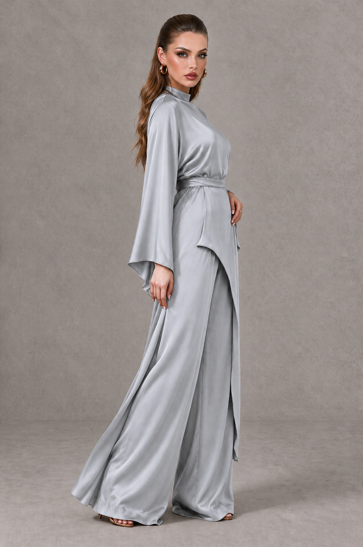 BOLODOO Silver Satin-Look Long Sleeve Wide-Leg Jumpsuit - Silver - Silver_03