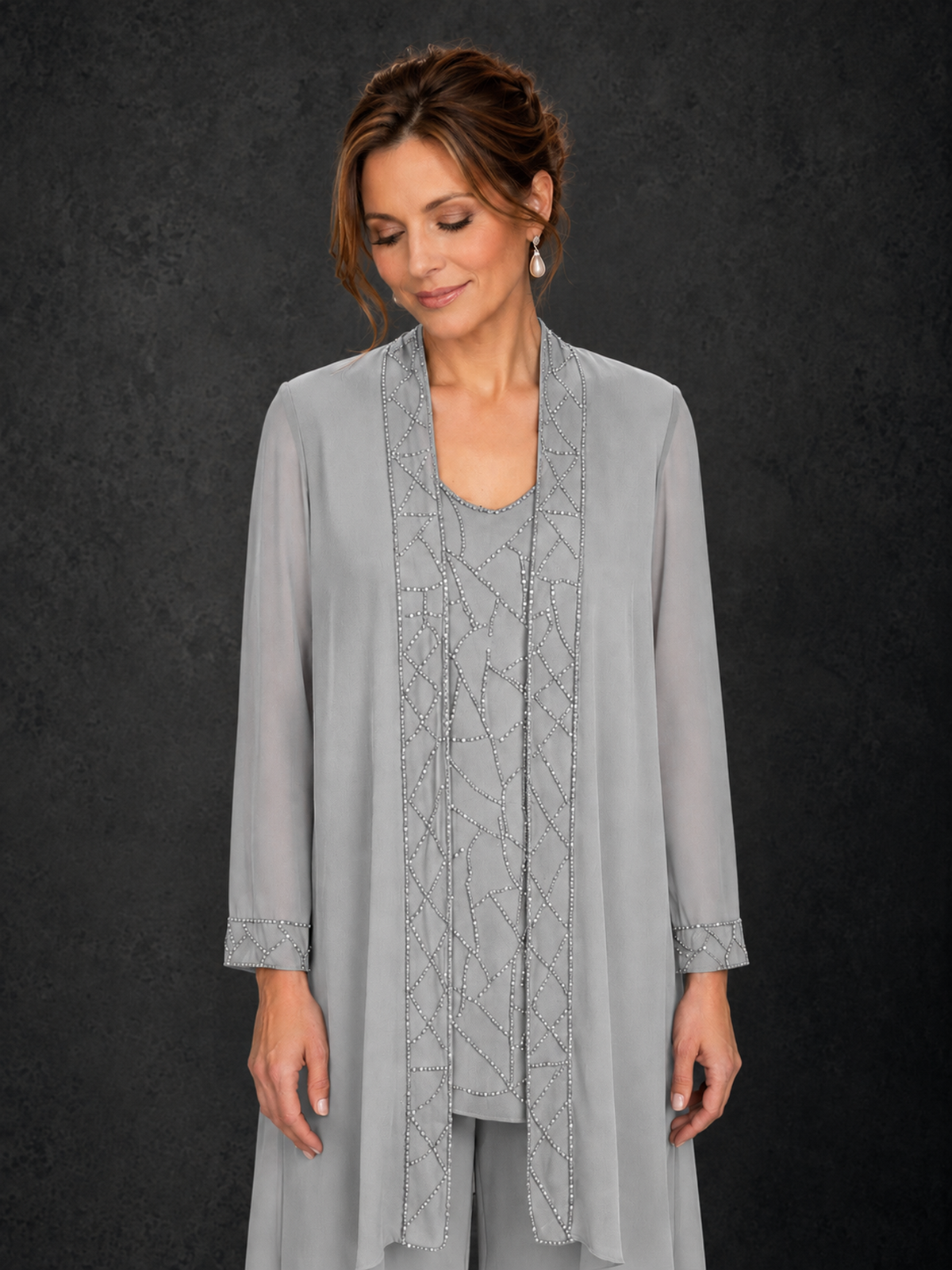 BOLODOO Silver 3-Piece Beaded Chiffon Duster Jacket Pant Suit - Silver - Silver_03