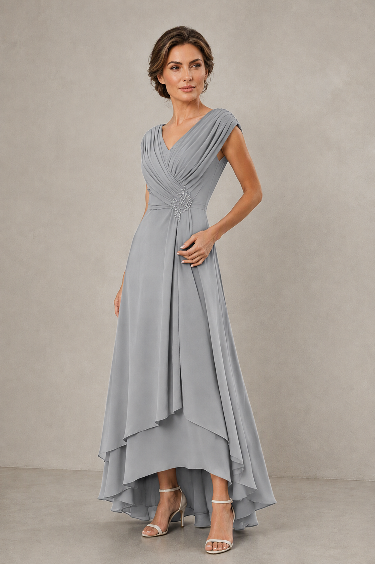 BOLODOO Silver V-Neck High-Low Mother of the Bride Dress - Silver - Silver_03