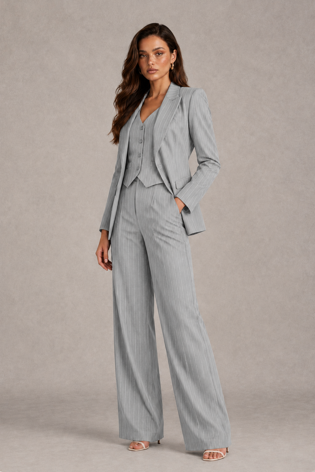 BOLODOO Women's Silver Pinstripe Three-Piece Pantsuit with Wide-Leg Trousers - Silver - Silver_03