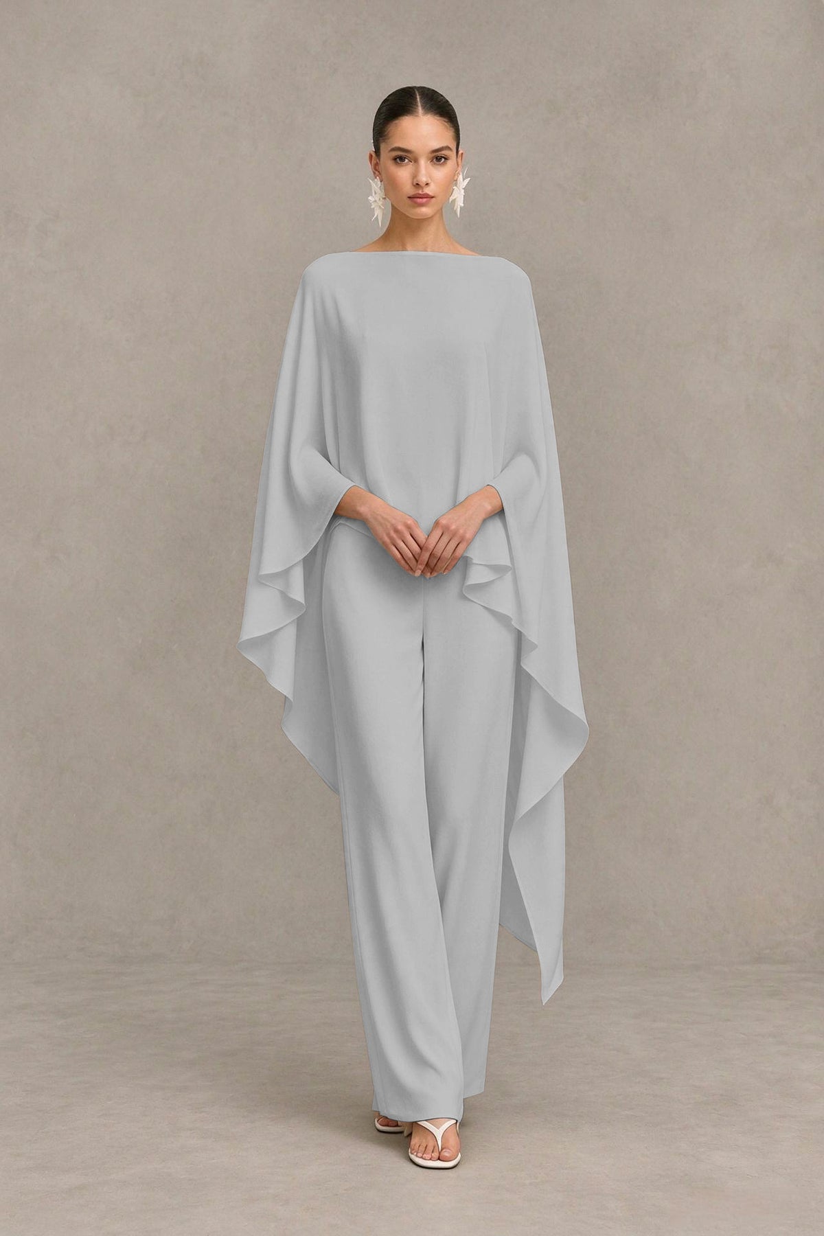 BOLODOO Silver Cape Sleeve Wide-Leg Formal Pantsuit - Silver - Silver_04
