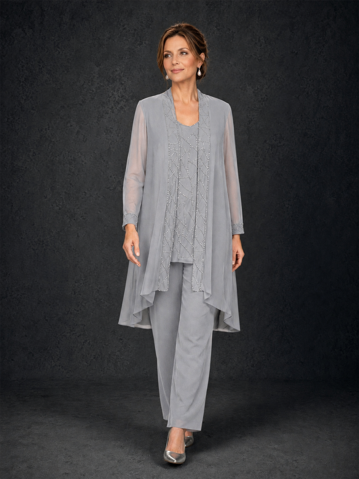 BOLODOO Silver 3-Piece Beaded Chiffon Duster Jacket Pant Suit - Silver - Silver_04