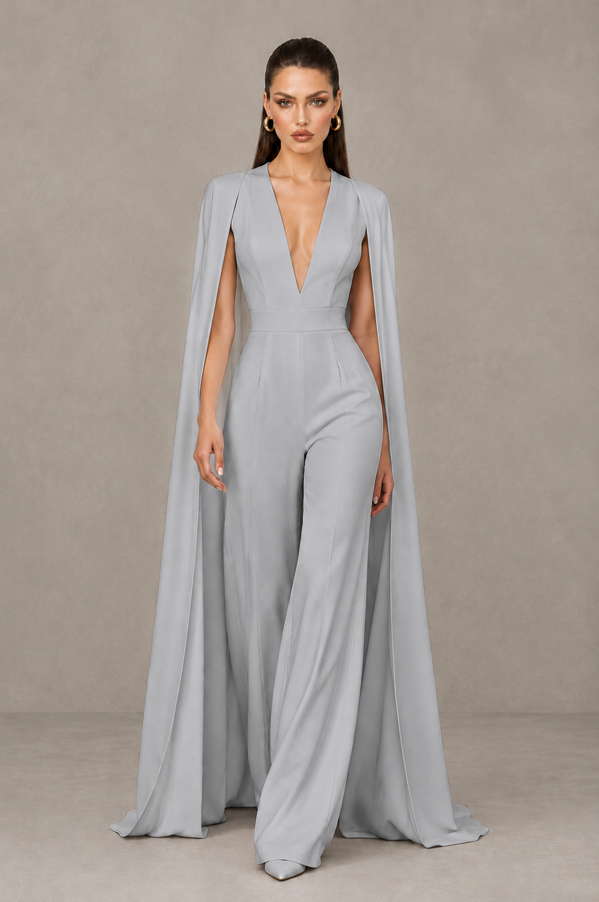 BOLODOO Silver Deep V-Neck Cape Sleeve Bridal Jumpsuit - Silver - Silver_04