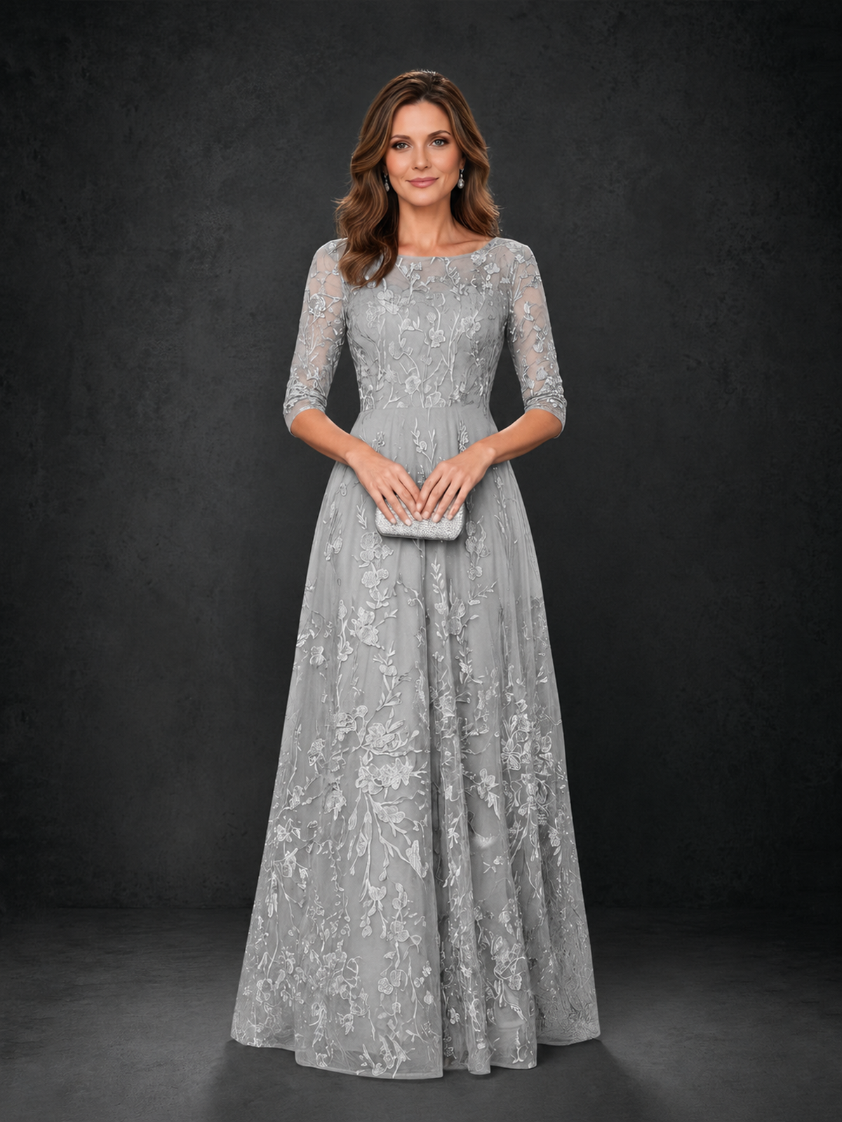 BOLODOO Silver Illusion Bateau Neck 3/4 Sleeve Floral Lace A-Line Mother of the Bride Dress MX007 - Silver - Silver_04