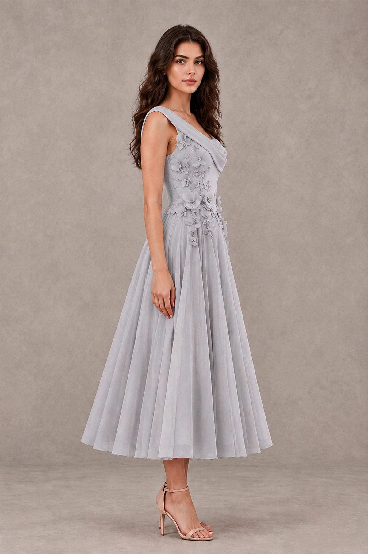 BOLODOO Silver One-Shoulder Floral Tulle Tea-Length Dress - Silver - Silver_04