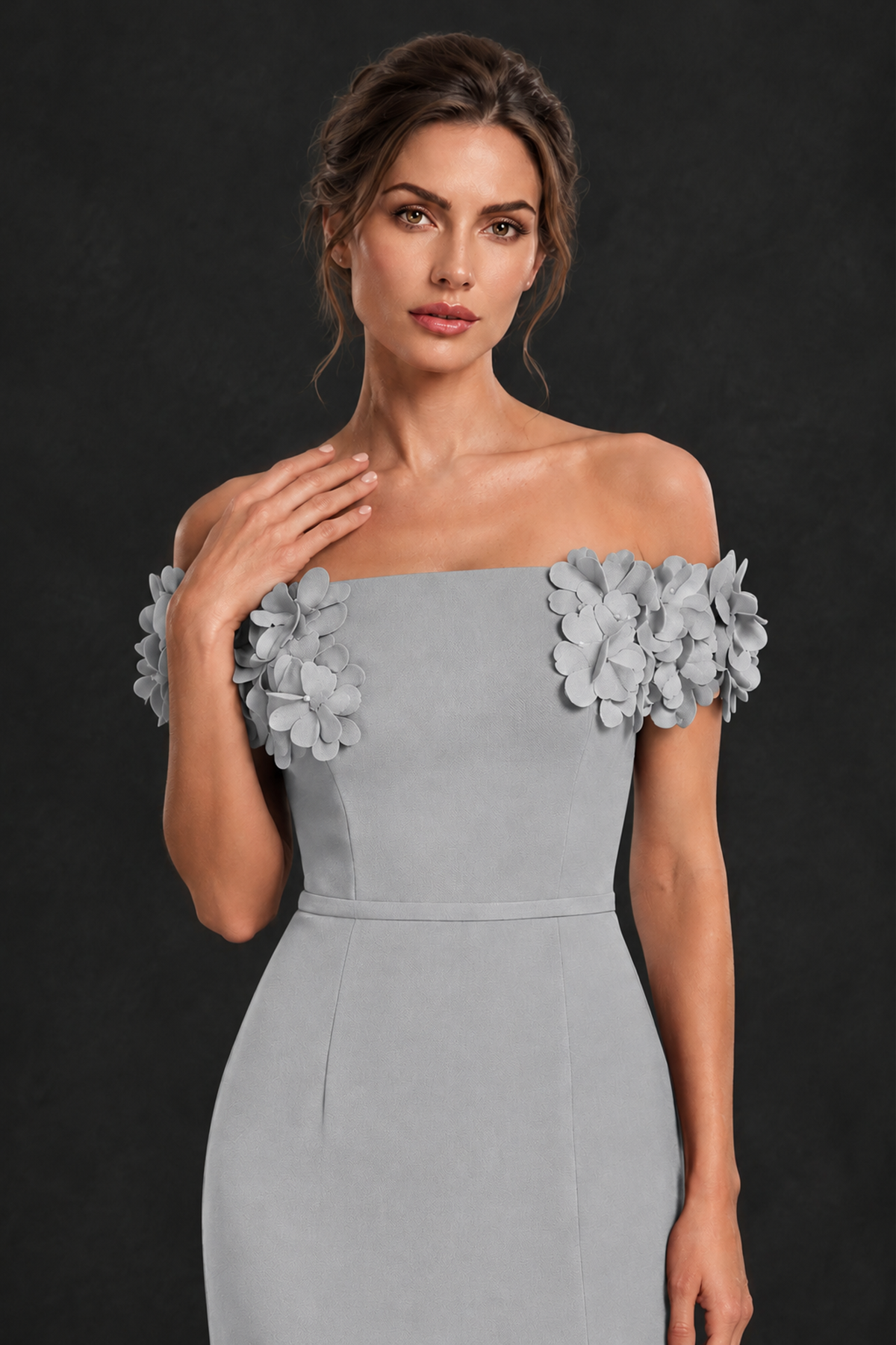 BOLODOO Silver Off-the-Shoulder Mother of the Bride Dress with Floral Appliques - Silver - Silver_04