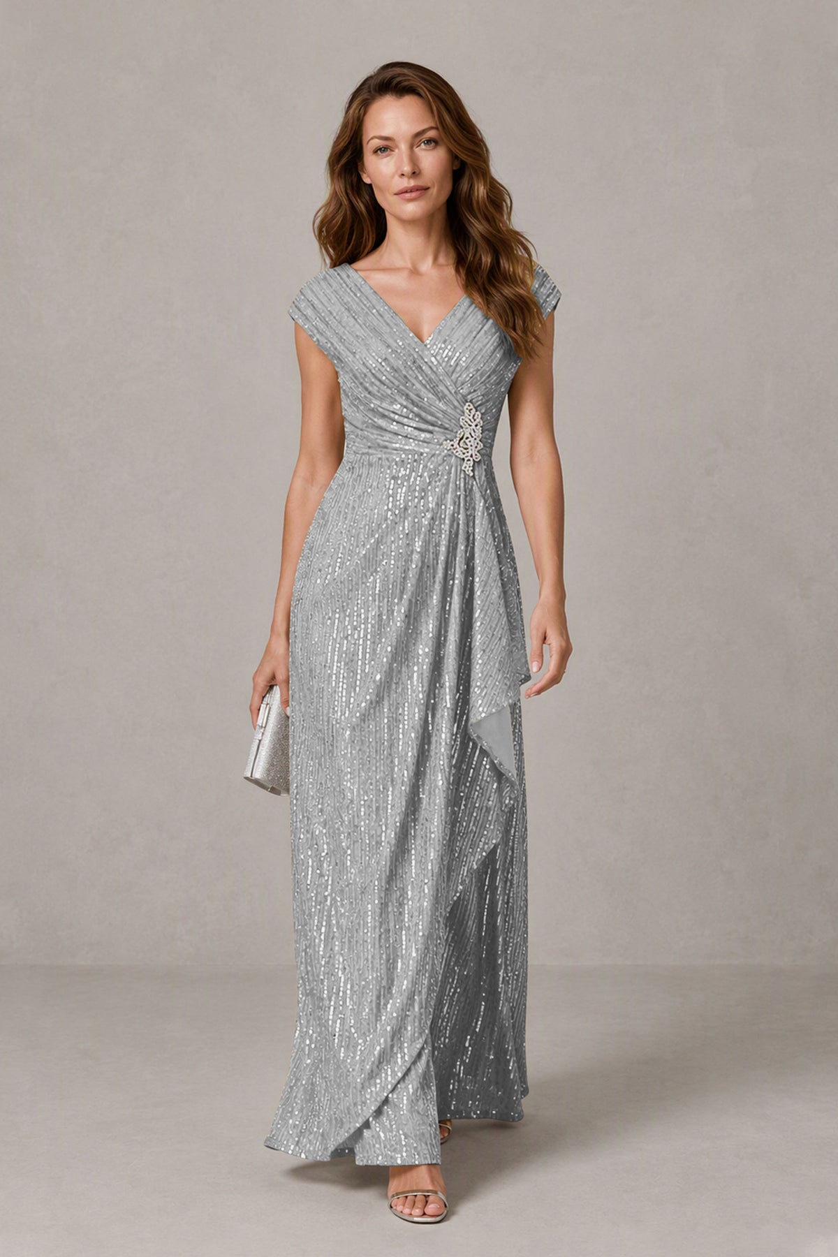 BOLODOO Silver Sequin V-Neck Cap Sleeve Maxi Dress - Silver