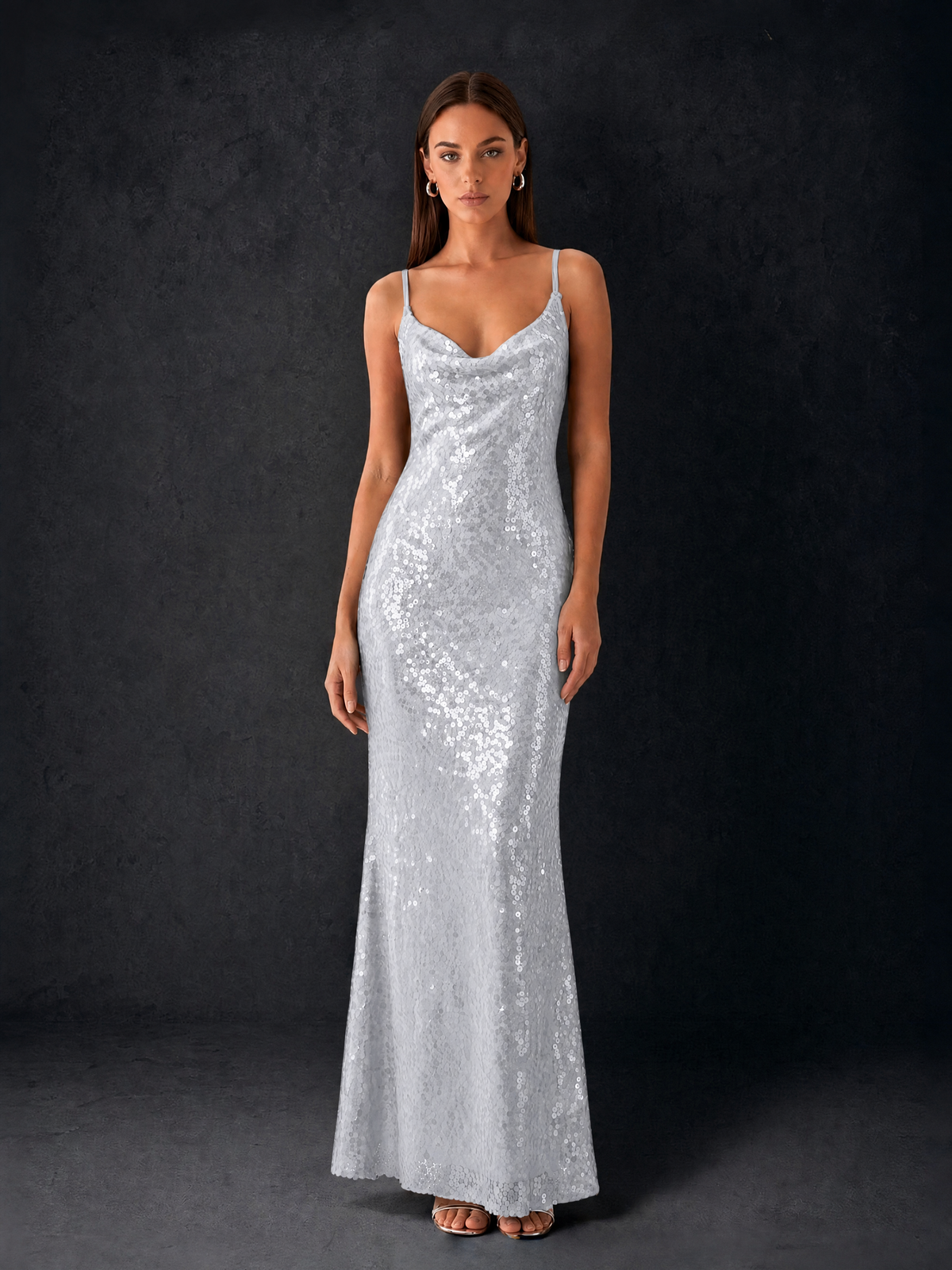 BOLODOO Bronze Sequin Cowl Neck Spaghetti Strap Mermaid Maxi Dress with Open Criss-Cross Back - Silver - Silver