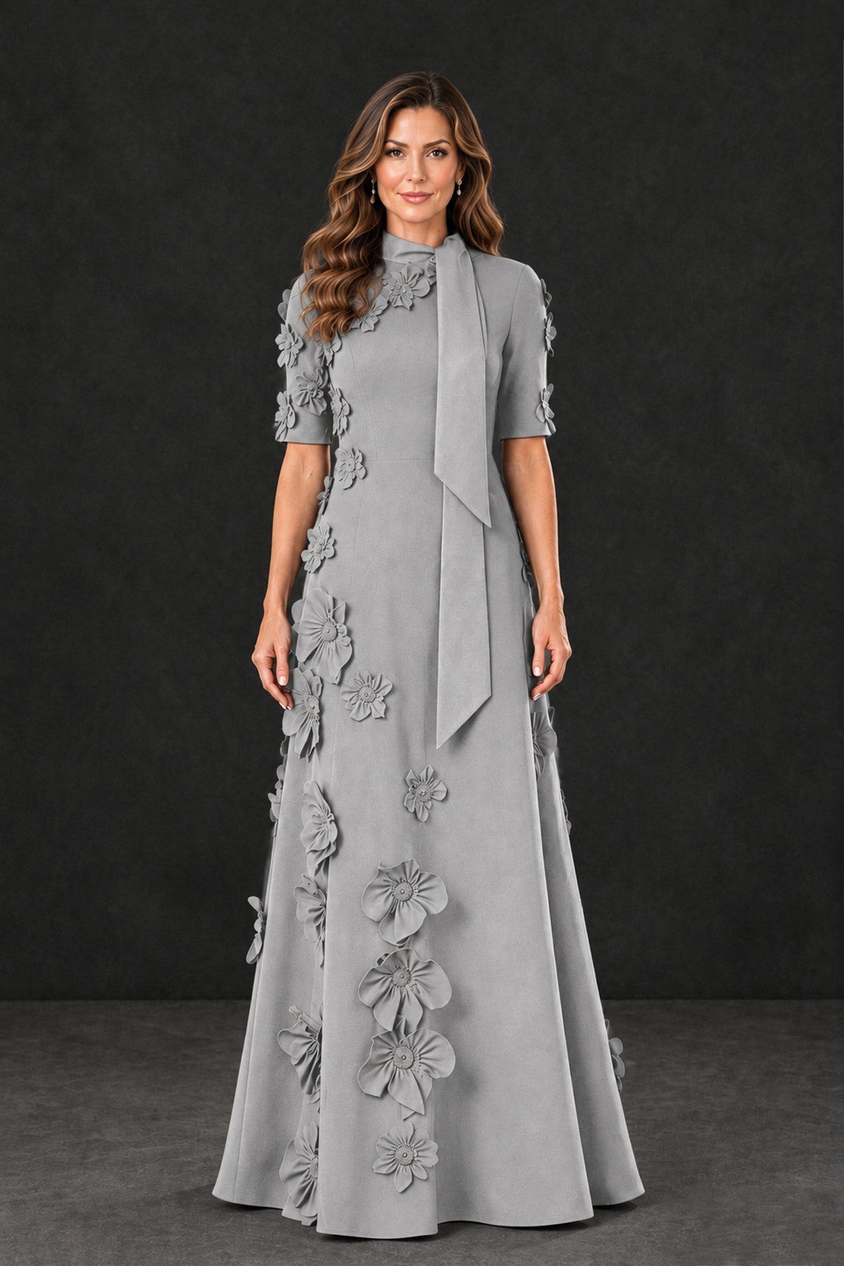 BOLODOO Silver Floral Applique High-Neck Half-Sleeve Gown - Silver - Silver_1