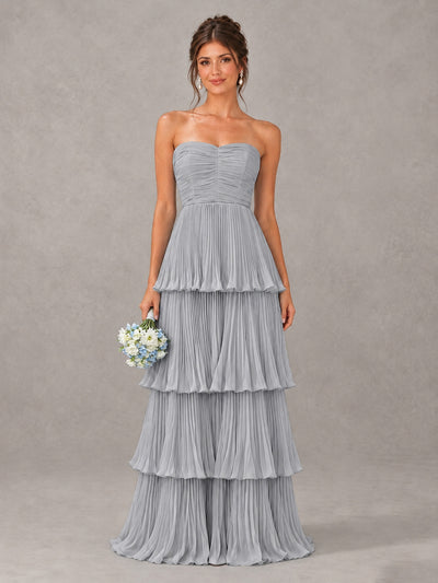 BOLODOO Silver Strapless Tiered Pleated Bridesmaid Dress - Silver - Silver_1