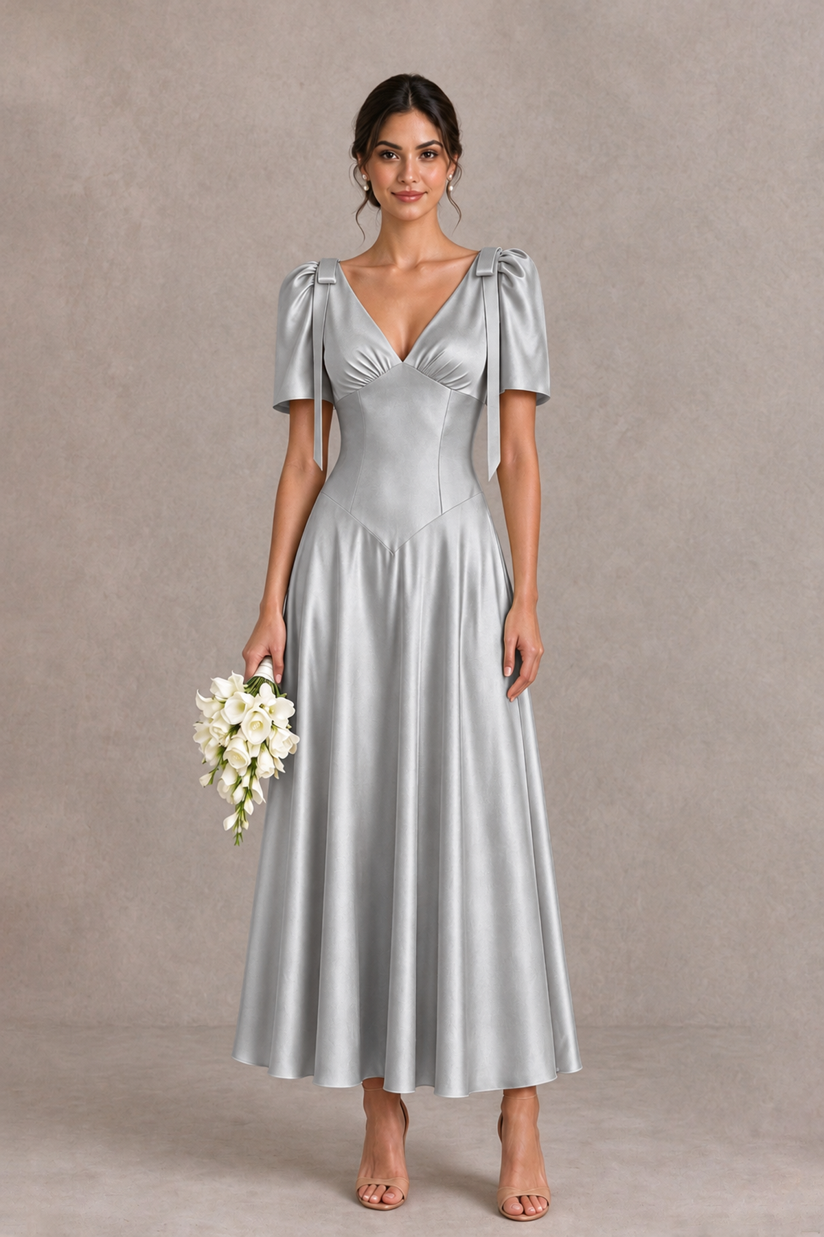 BOLODOO Silver V-Neck Short Sleeve Satin-Look Bridesmaid Dress with Shoulder Bows - Silver - Silver_1