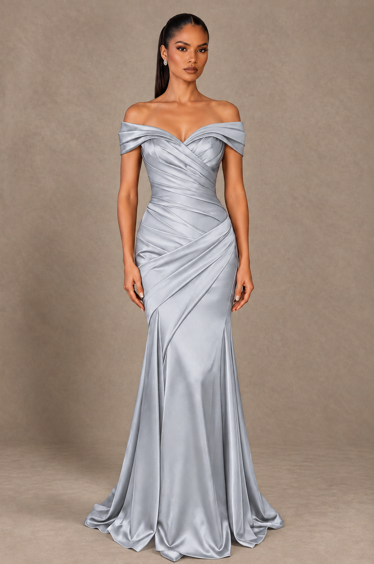 BOLODOO Silver Off-the-Shoulder Ruched Satin Mermaid Evening Dress - Silver - Silver_1