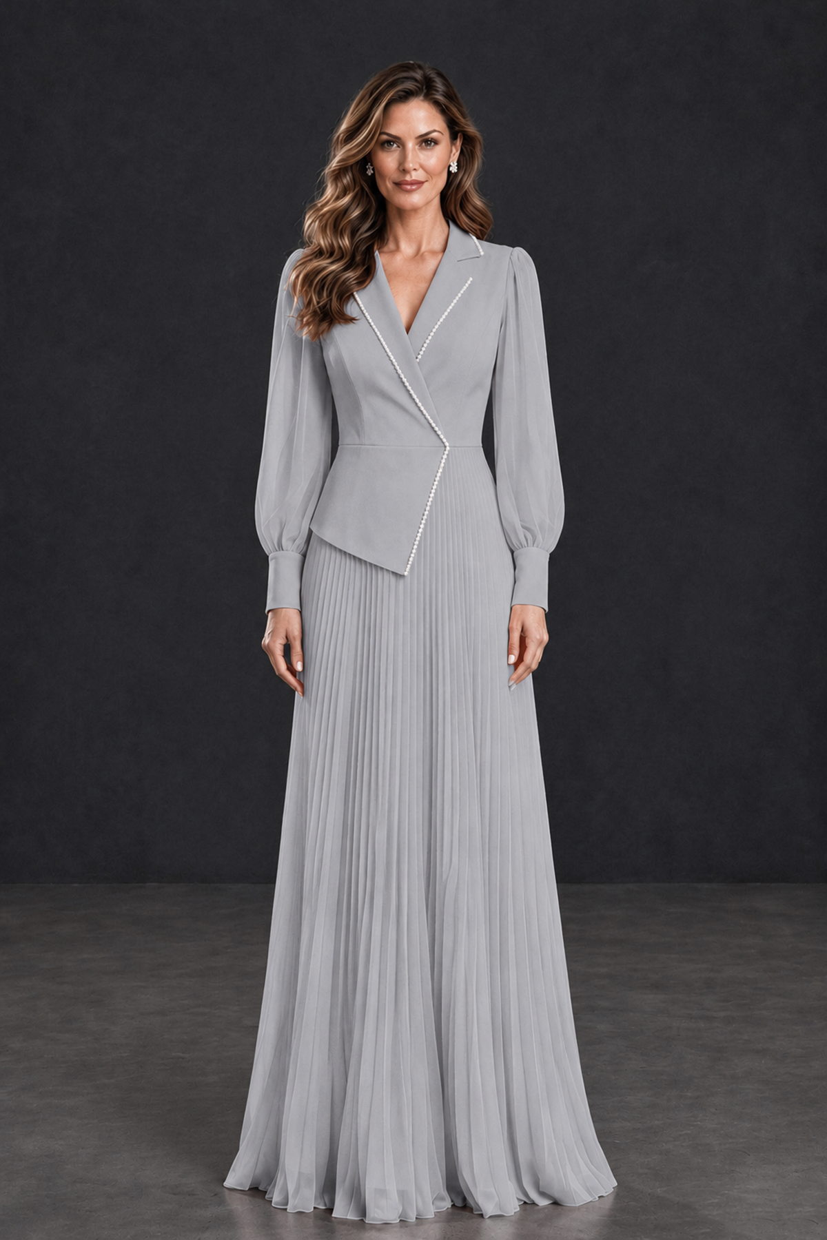 BOLODOO Silver Long Sleeve Pleated Mother of the Bride Dress - Silver - Silver_1