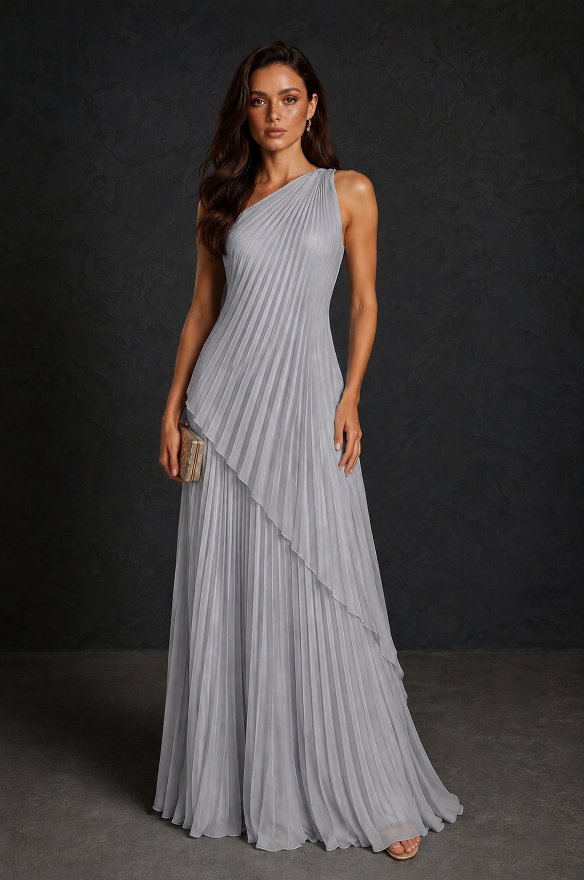 BOLODOO Silver One-Shoulder Sunburst Pleated Asymmetric Layered Overlay Accordion Pleated Chiffon Maxi Dress - Silver
