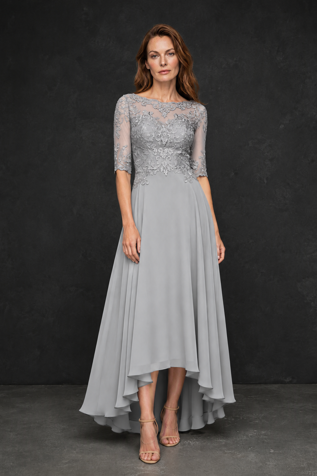 BOLODOO Silver Illusion Lace 3/4 Sleeve Hi-Lo Chiffon A-Line Dress | Mother of the Bride Tea Length Dress - Silver
