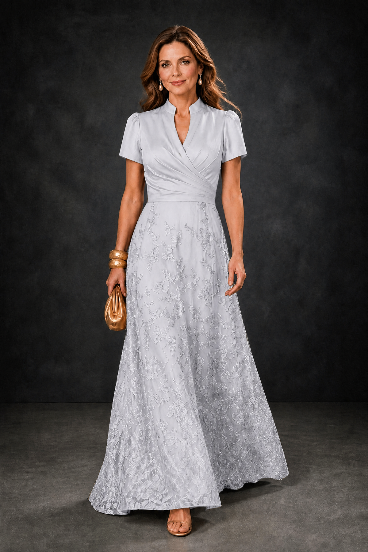 BOLODOO Silver Satin Wrap V-Neck Short Sleeve Lace Glitter A-Line Floor Length Evening Gown – Formal Dress - Silver
