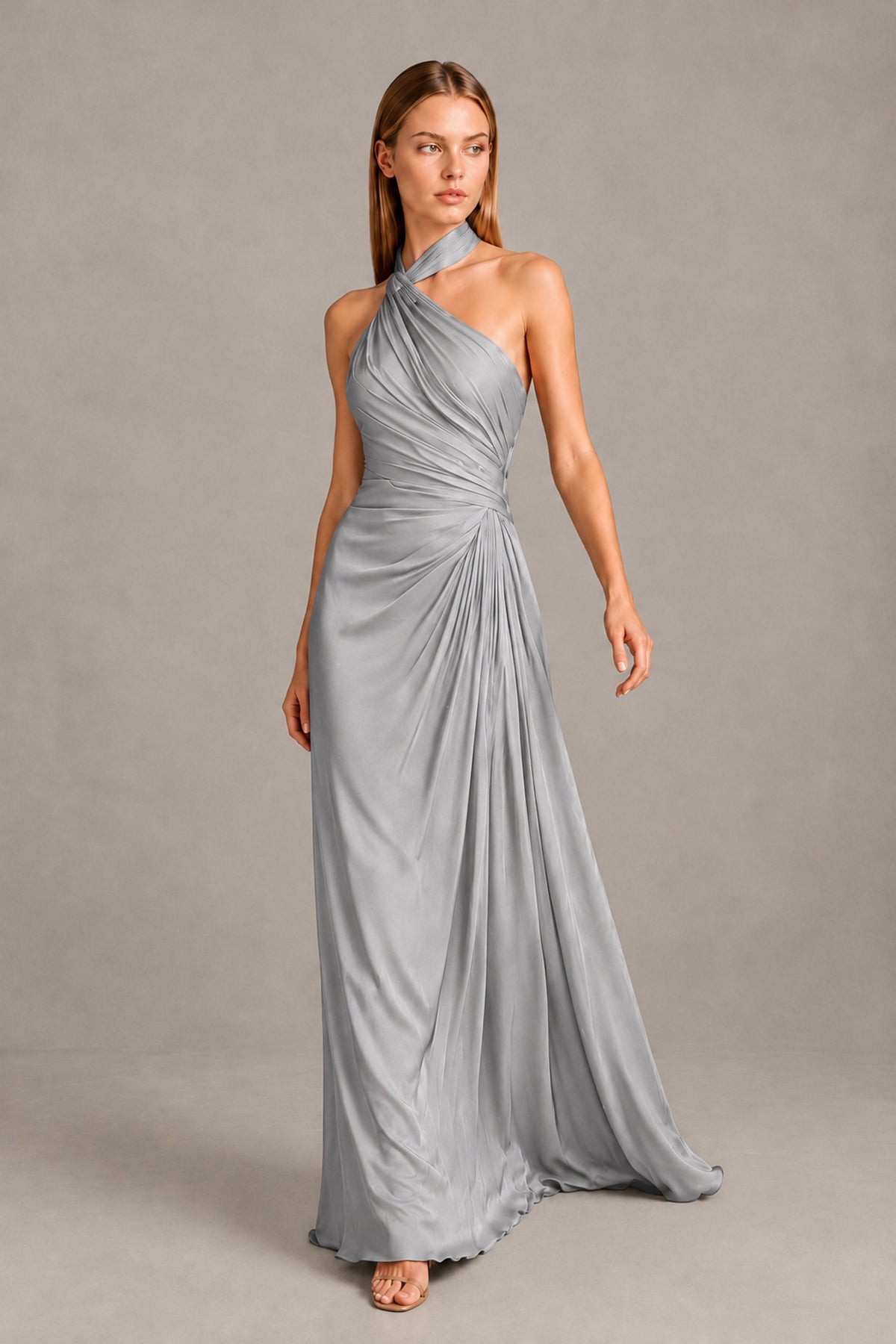 BOLODOO Silver Twisted Halter Neck Ruched Sleeveless Open Back Floor-Length Gown - Silver - Silver_1