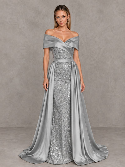 BOLODOO Silver Sequin Mermaid Evening Dress with Detachable Satin Overskirt and Sweep Train - Silver - Silver_1