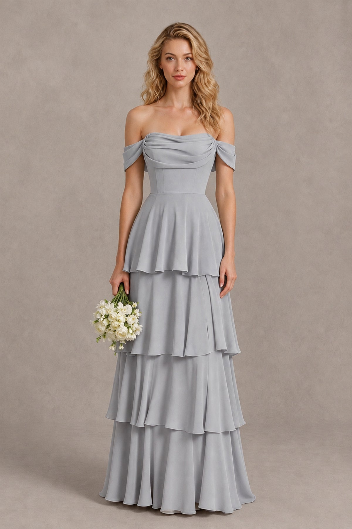 BOLODOO Silver Off-the-Shoulder Tiered A-Line Evening Bridesmaid Dress - Silver - Silver_1