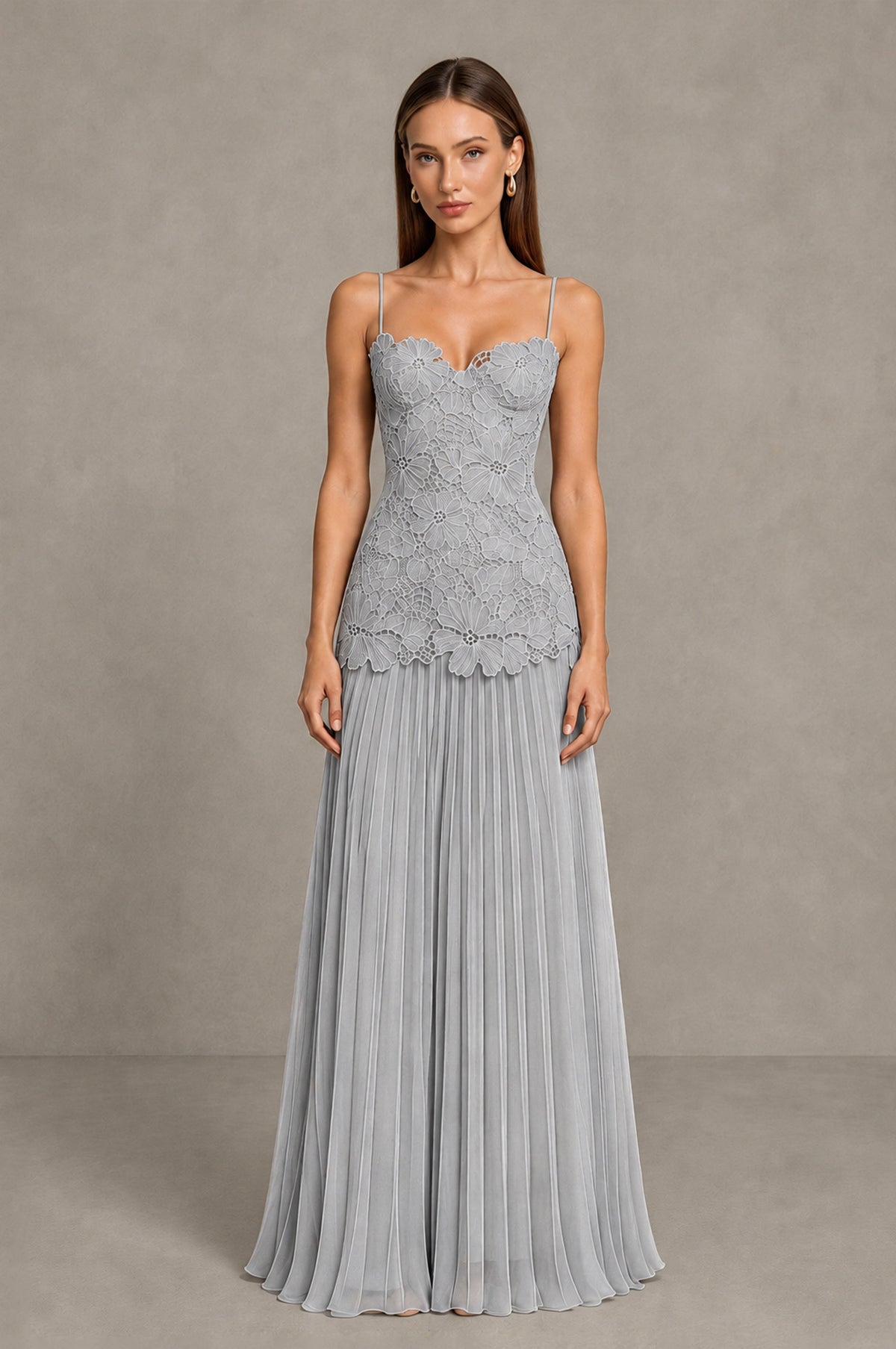 BOLODOO Silver Lace Bodice Pleated Wedding Guest Dress - Silver - Silver_1
